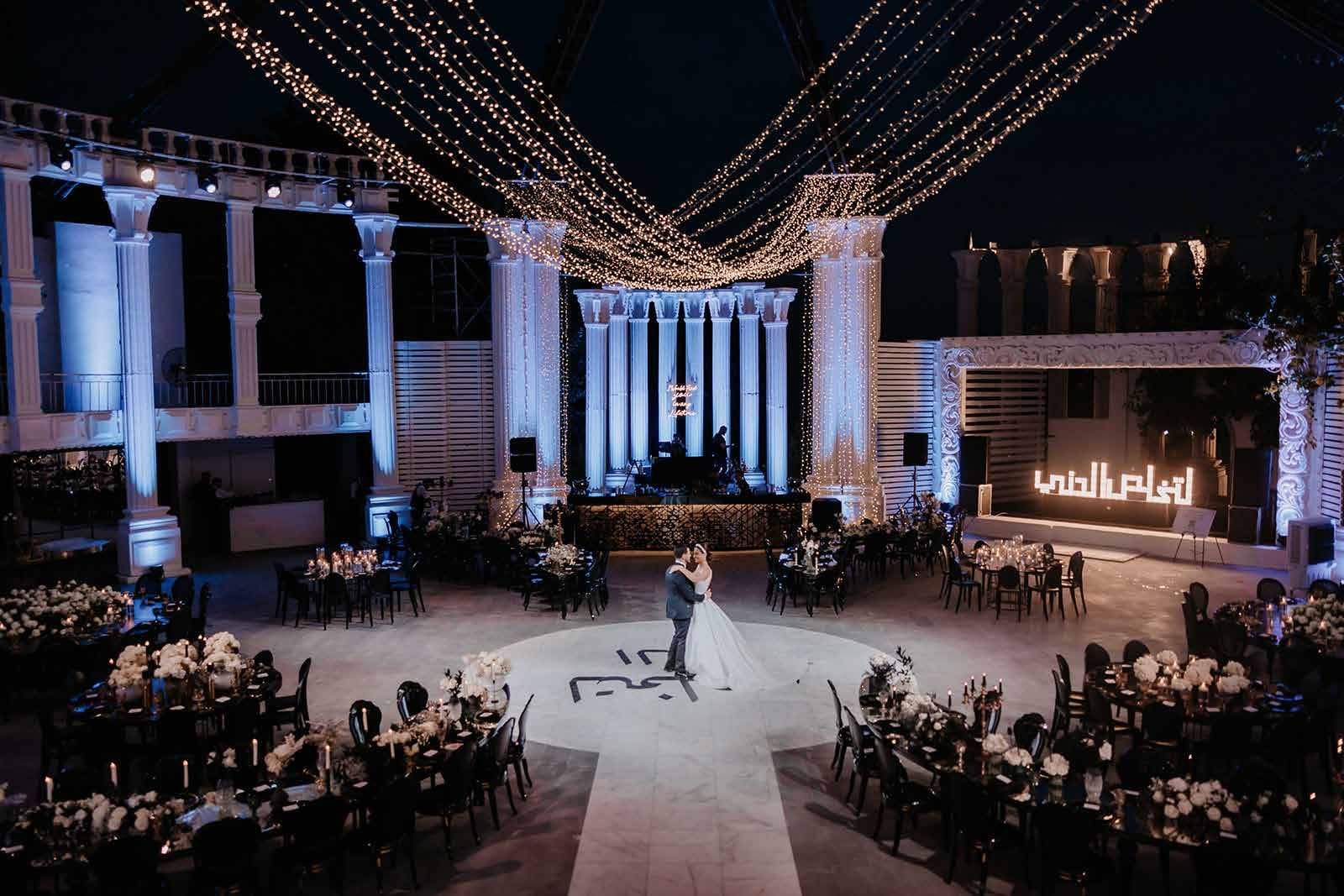 Aerial view of the elegant ballroom reception at dusk
