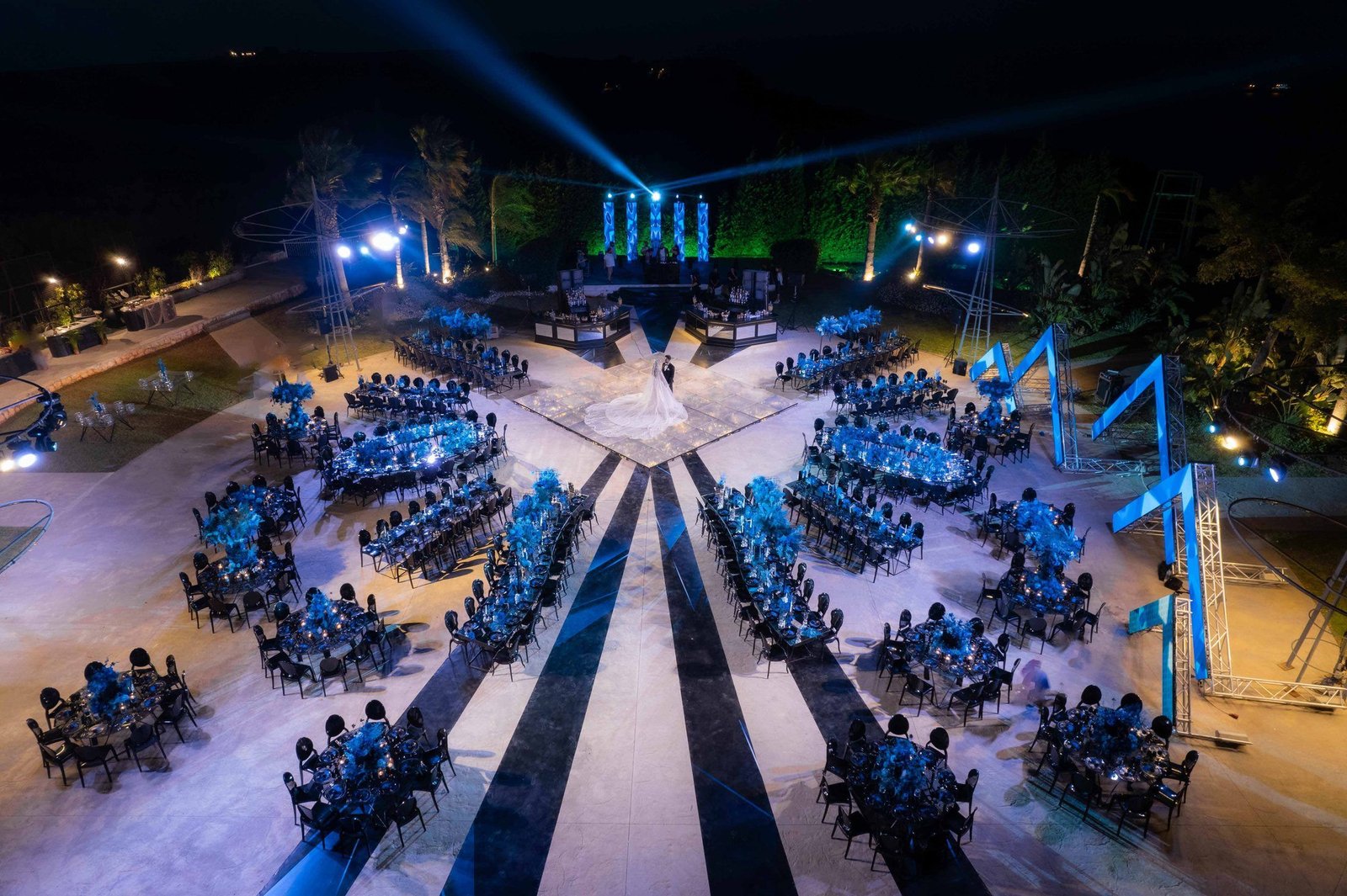 Aerial view of the reception's mirrored dance floor with cold spark send-off